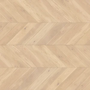 Geöltes französisches Fischgrätparkett aus Eiche in der Farbvariante Salt. Heller Chevron-Parkettboden mit gebürsteter Oberfläche und natürlicher Holzmaserung für moderne und elegante Wohnräume.