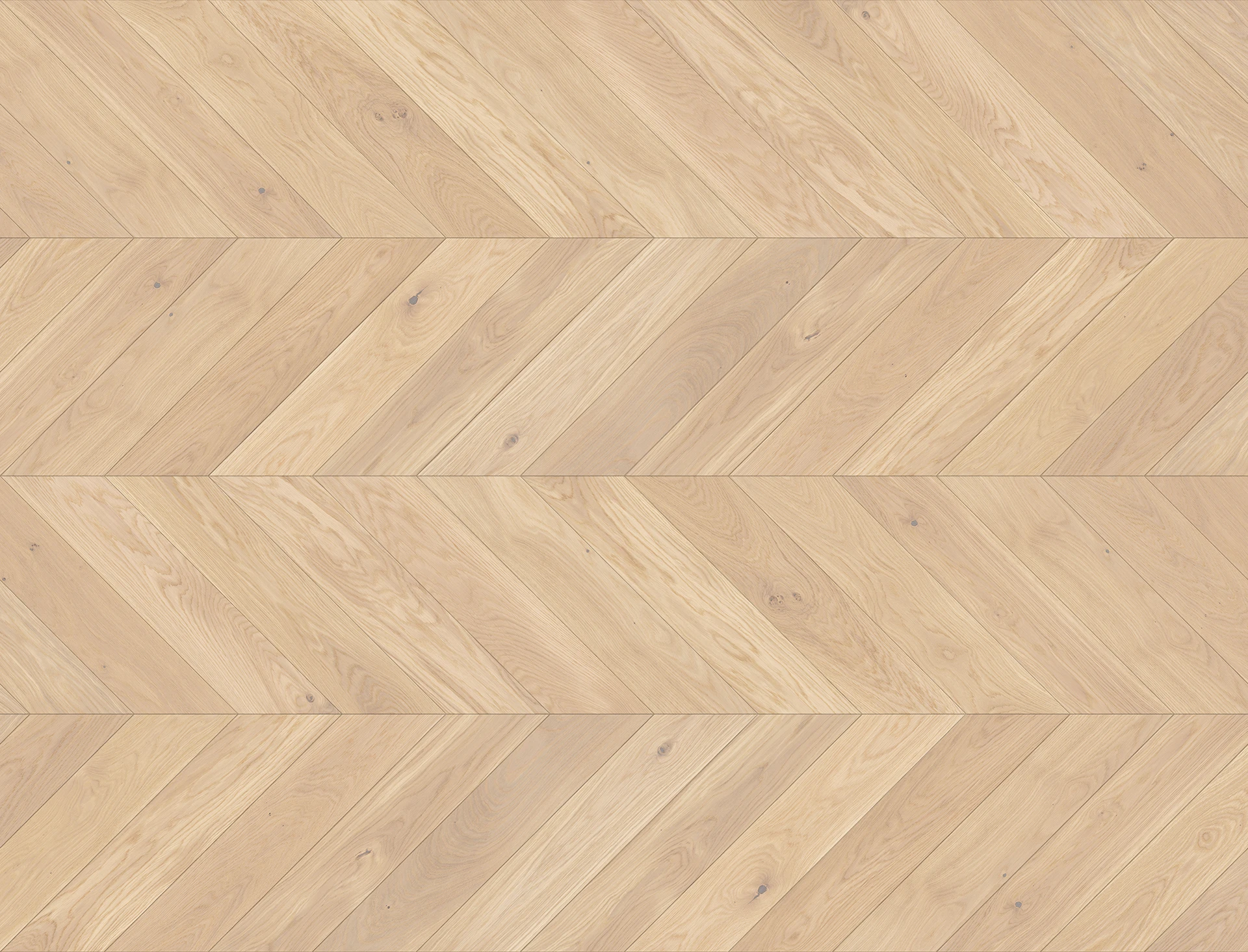 Geöltes französisches Fischgrätparkett aus Eiche in der Farbvariante Salt. Heller Chevron-Parkettboden mit gebürsteter Oberfläche und natürlicher Holzmaserung für moderne und elegante Wohnräume.